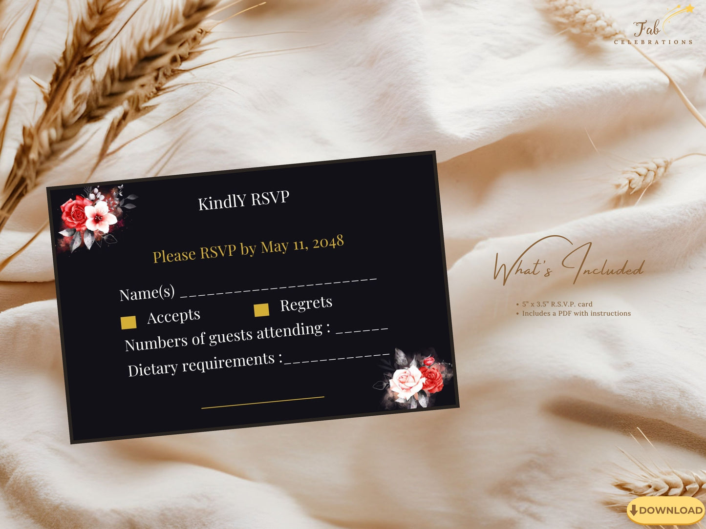 Mother’s Day RSVP Card black and gold aesthetic highlighting luminous typography set against a deep dramatic background with elegant floral details for a refined event presentation.