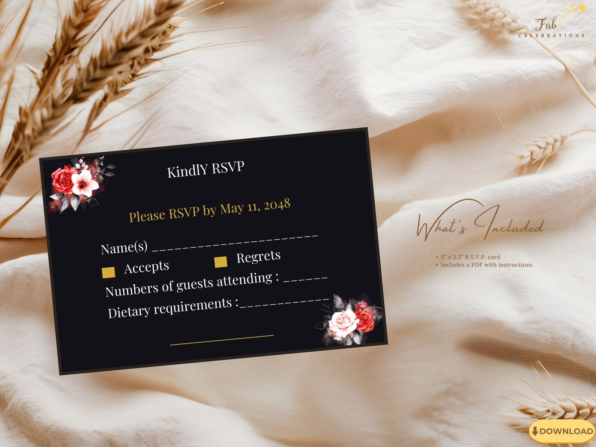 Mother’s Day RSVP Card black and gold aesthetic highlighting luminous typography set against a deep dramatic background with elegant floral details for a refined event presentation.
