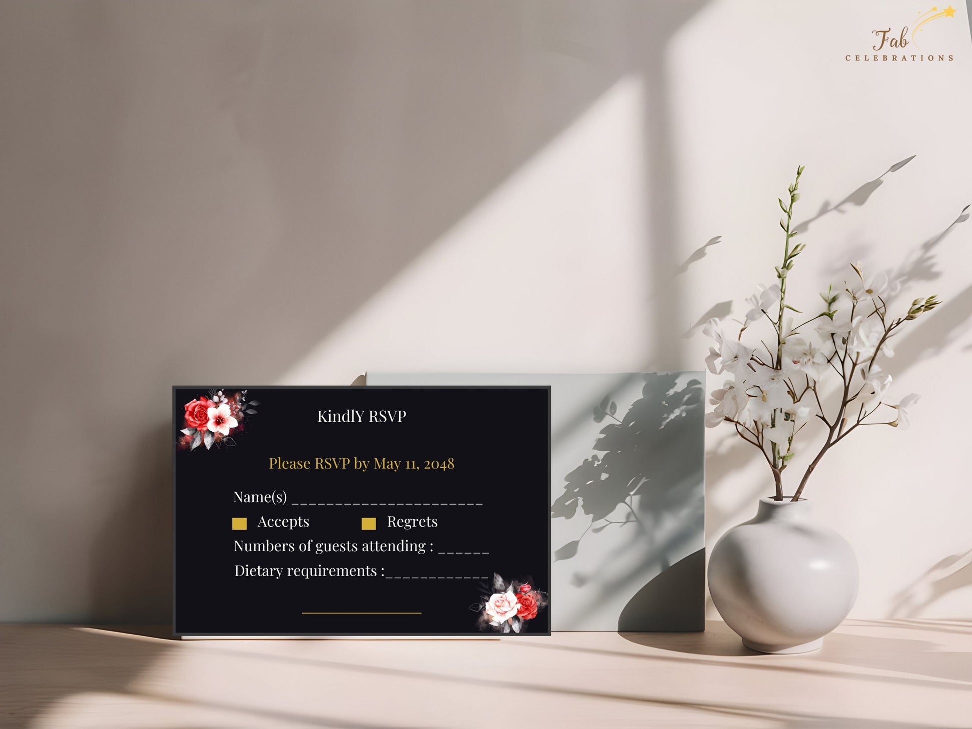 Mother’s Day RSVP Card typography detail displaying customizable RSVP lines for guest names, attendance confirmation, and response deadline in an elegant floral layout.