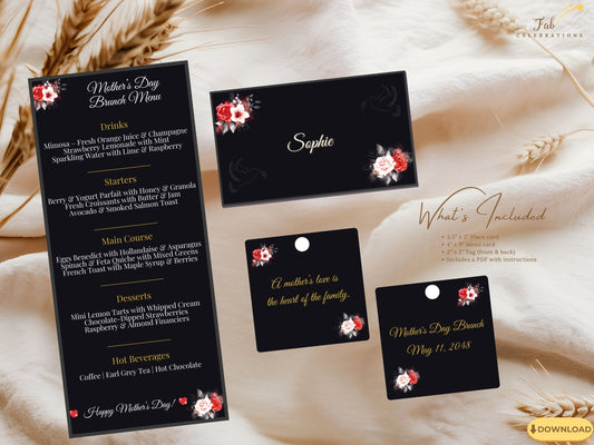 Mother’s Day Table Decoration Set featuring coordinated black and gold floral menu card, place card, and double-sided gift tag decorated with red and white watercolor-inspired roses for an elegant celebration.