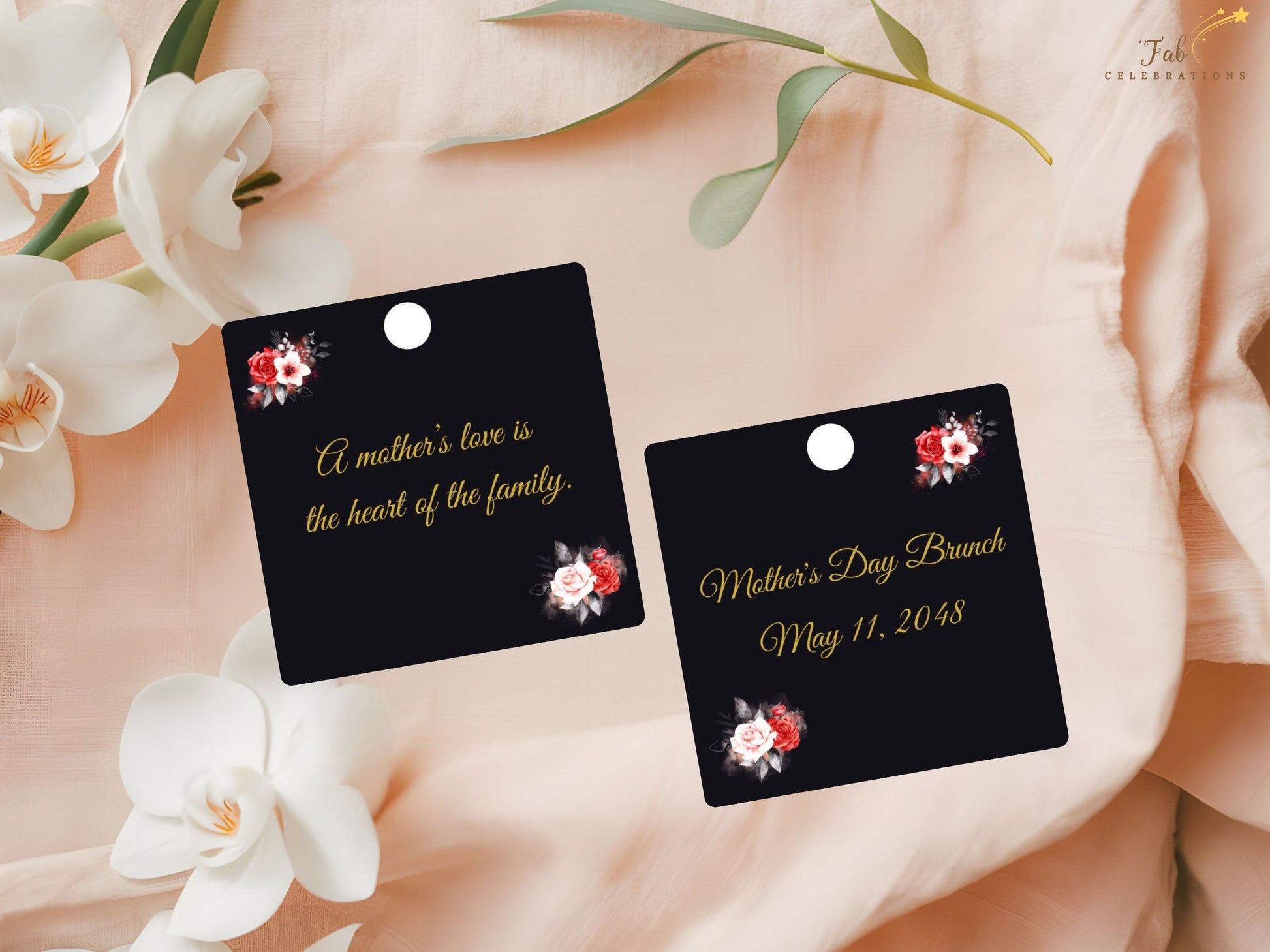 Mother’s Day Table Decoration Set double-sided gift tag with sophisticated floral accents and editable Canva layout, designed to add a meaningful and elegant finishing touch to presents and favors.