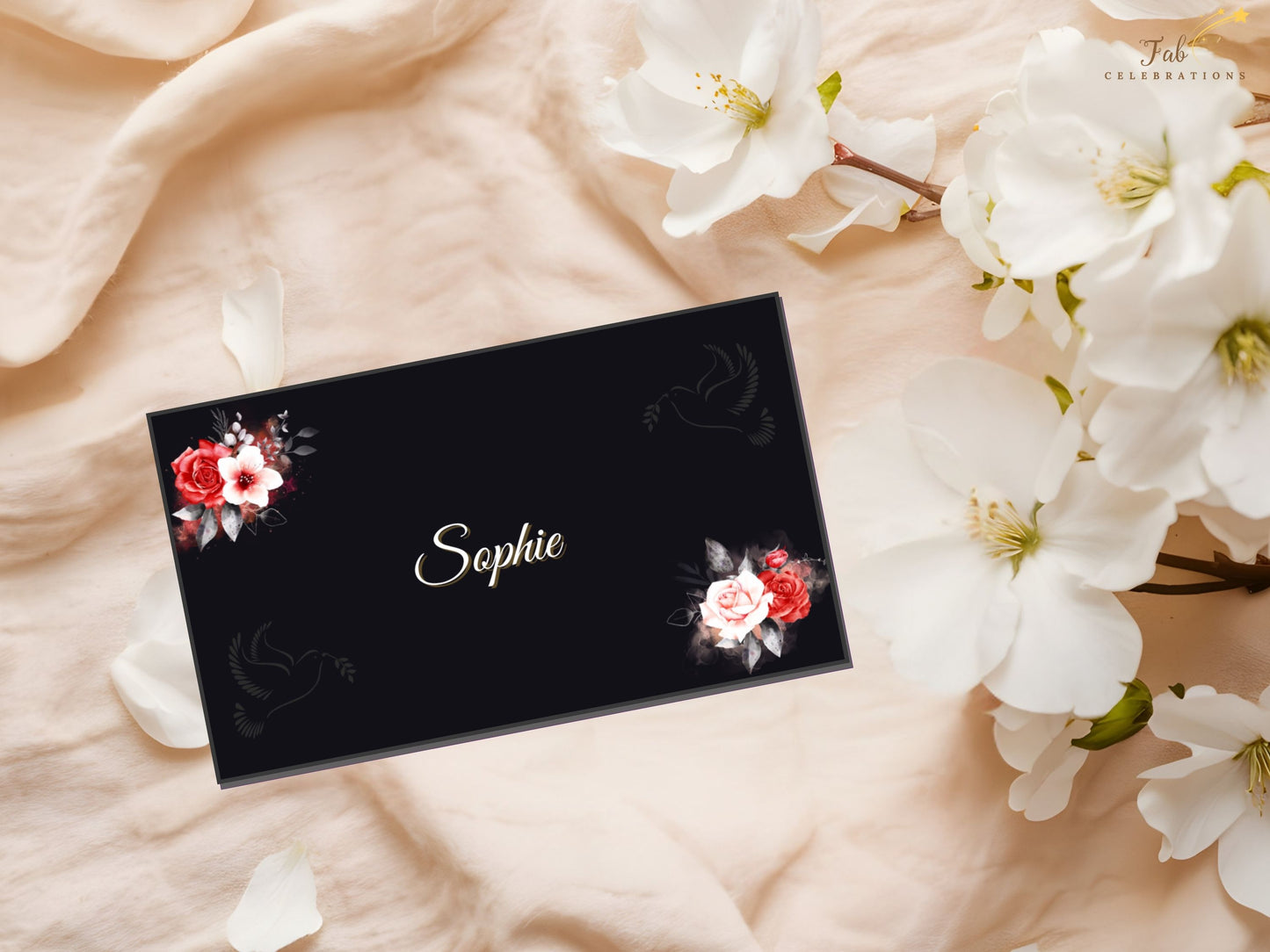Mother’s Day Table Decoration Set designed with timeless black and gold aesthetic, watercolor-inspired red and white roses, and coordinated stationery elements for a polished table presentation.
