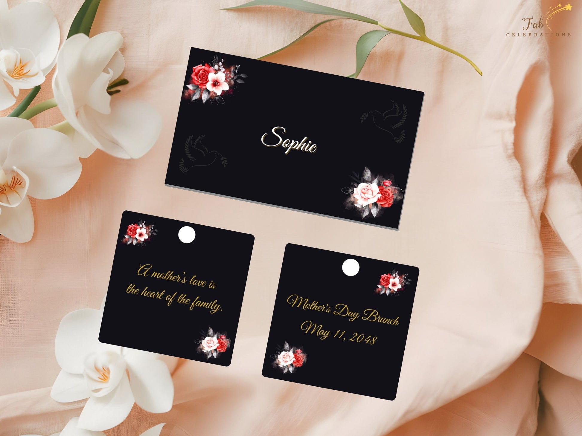 Mother’s Day Table Decoration Set printable 4x9 menu card designed with dramatic black background, radiant gold typography, and romantic floral artwork for refined and luxurious table styling.

