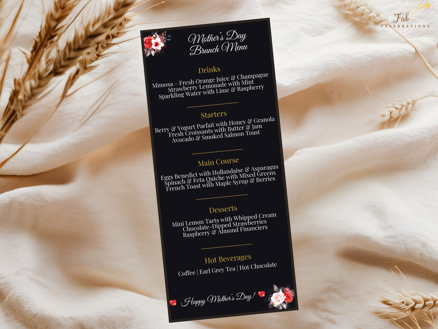 Mother’s Day Table Decoration Set place card featuring matching black and gold floral design with delicate dove illustrations and elegant typography symbolizing peace, warmth, and maternal love.