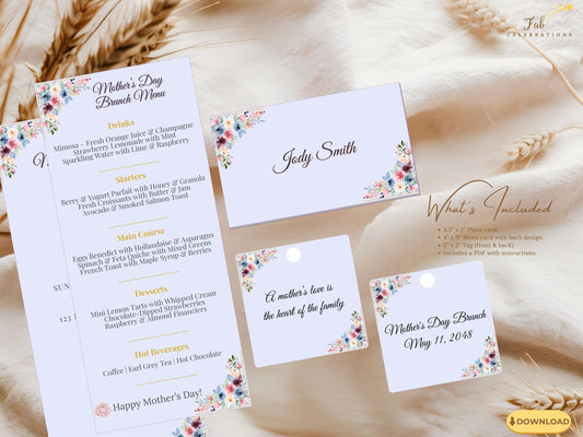 Mother’s Day Table Set featuring elegant menu cards, place cards, and gift tags designed with blush pink and sage green watercolor-inspired florals and refined pastel typography.