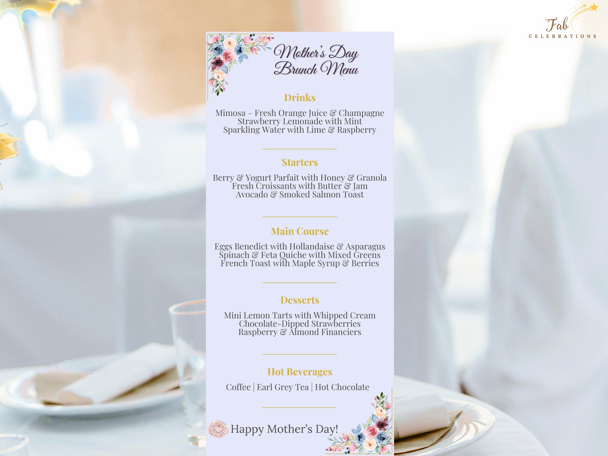 Mother’s Day menu card front featuring watercolor-inspired pink, blue, peach and burgundy flowers, delicate green foliage and elegant gold accents for a coordinated table setting.