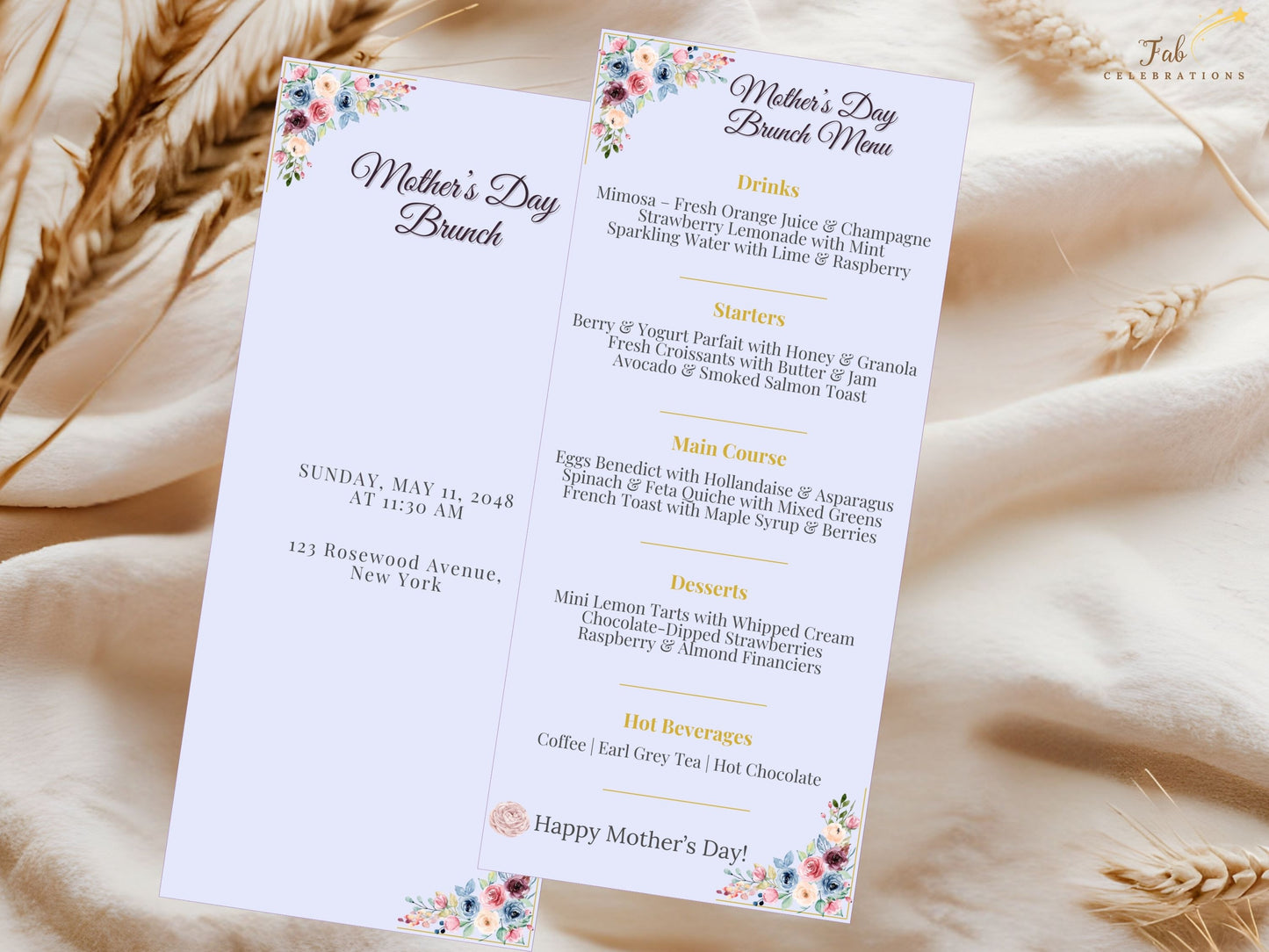 Mother’s Day Table Set place card featuring delicate blush watercolor flowers and sage greenery, creating a warm and refined seating presentation for family gatherings.