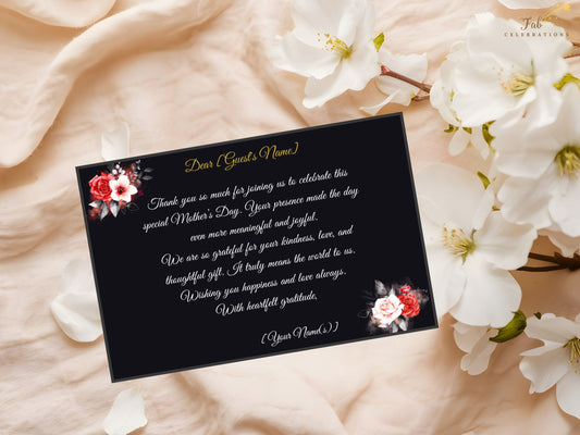Mother’s Day Thank You Card featuring an elegant black background with radiant gold typography and romantic red and white watercolor-inspired roses designed to express gratitude beautifully.