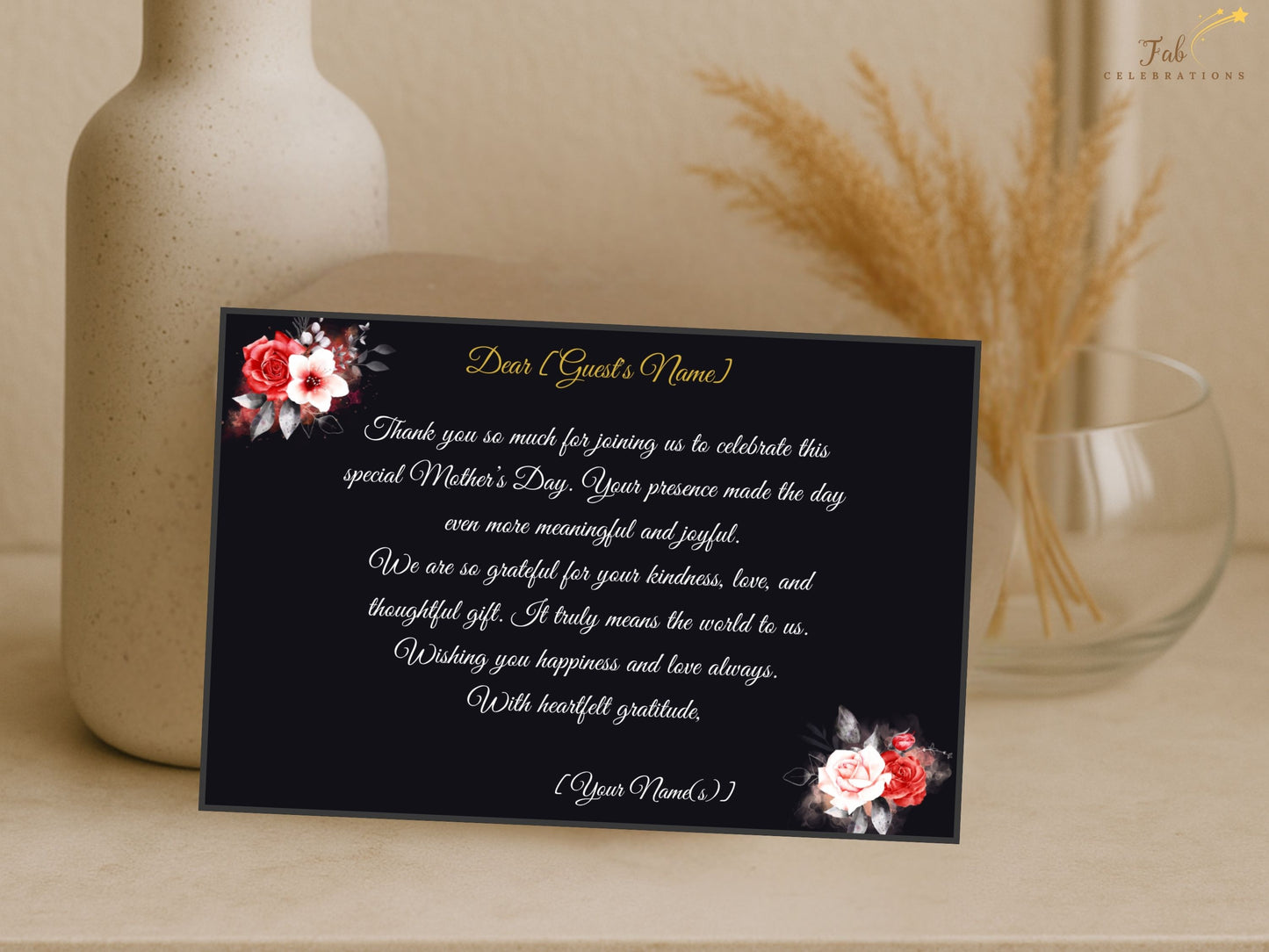 Mother’s Day Thank You Card close-up detail featuring rich red and white rose bouquet artwork combined with radiant gold accents in high-resolution printable Canva quality.