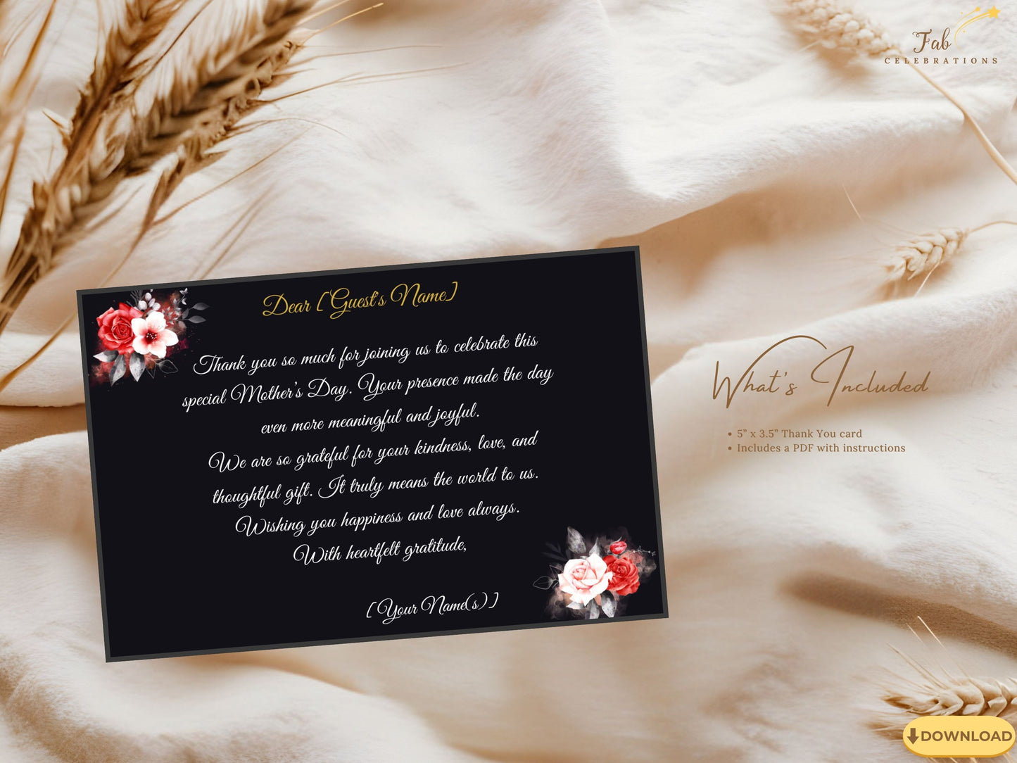 Mother’s Day Thank You Card front design showcasing luminous gold lettering over a dramatic black backdrop enhanced with delicate red and white floral arrangements in timeless elegant style.