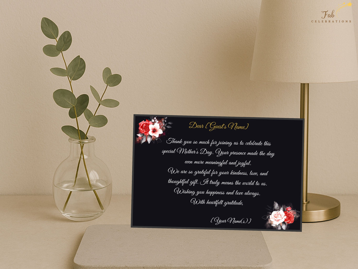 Mother’s Day Thank You Card typography detail displaying customizable message space for expressing gratitude, love, appreciation, and personal notes in an elegant structured layout.