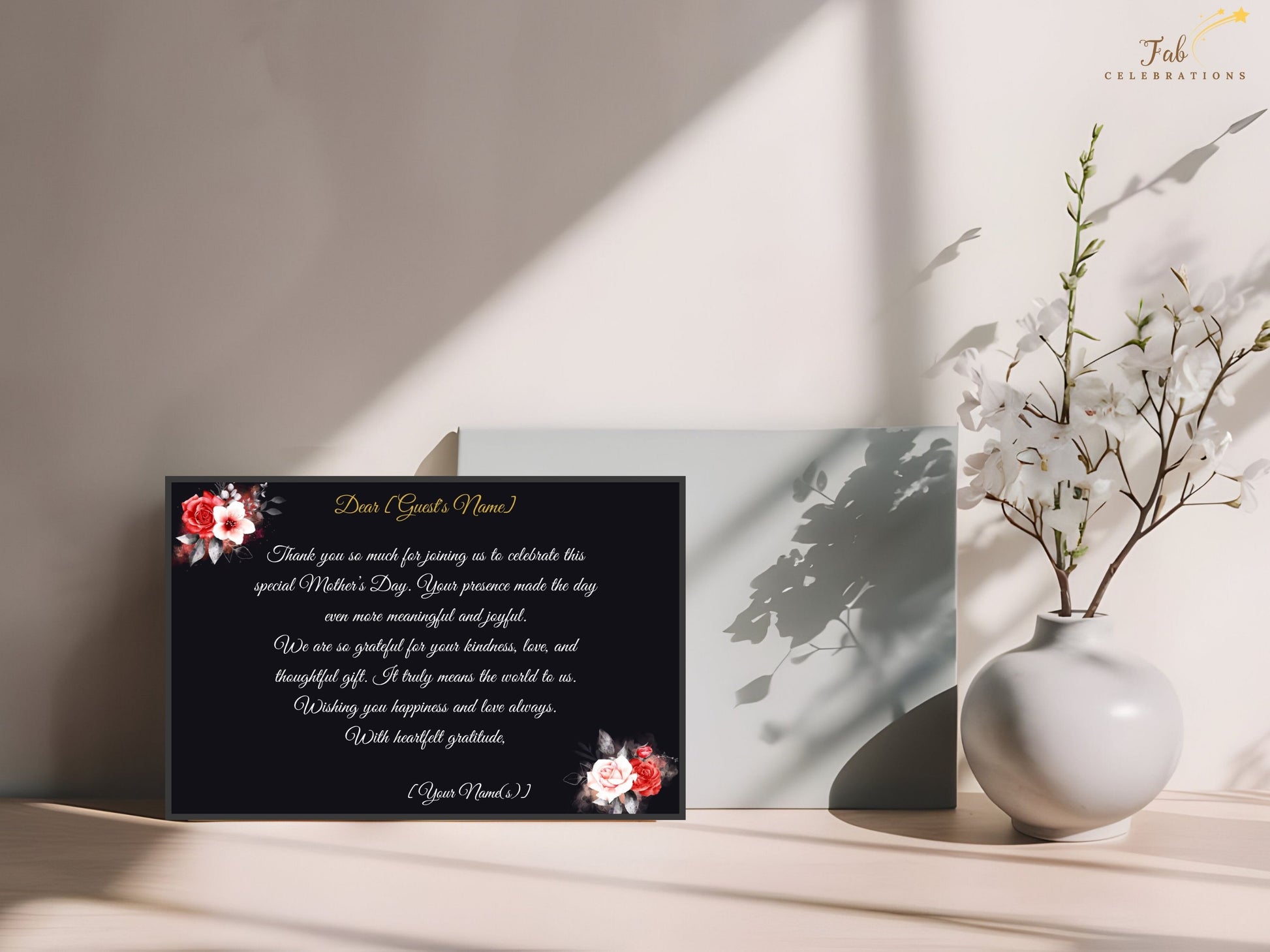 Mother’s Day Thank You Card black and gold floral aesthetic highlighting refined layout, balanced typography, and graceful styling ideal for sharing heartfelt appreciation and love.