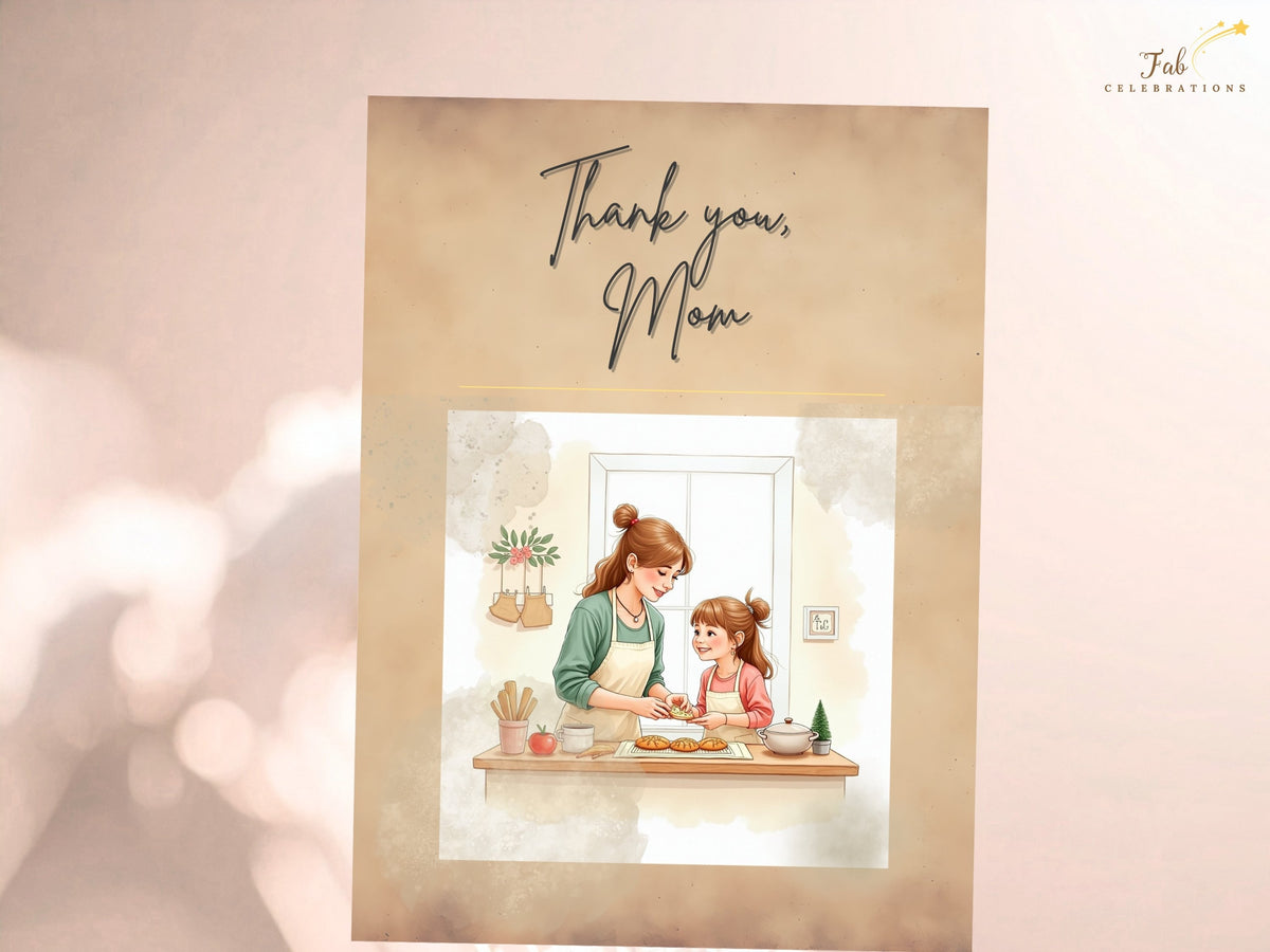 Thank you, Mom printable card featuring a watercolor-inspired mother and daughter baking illustration beneath expressive handwritten lettering, with soft beige textures and an elegant, heartfelt.