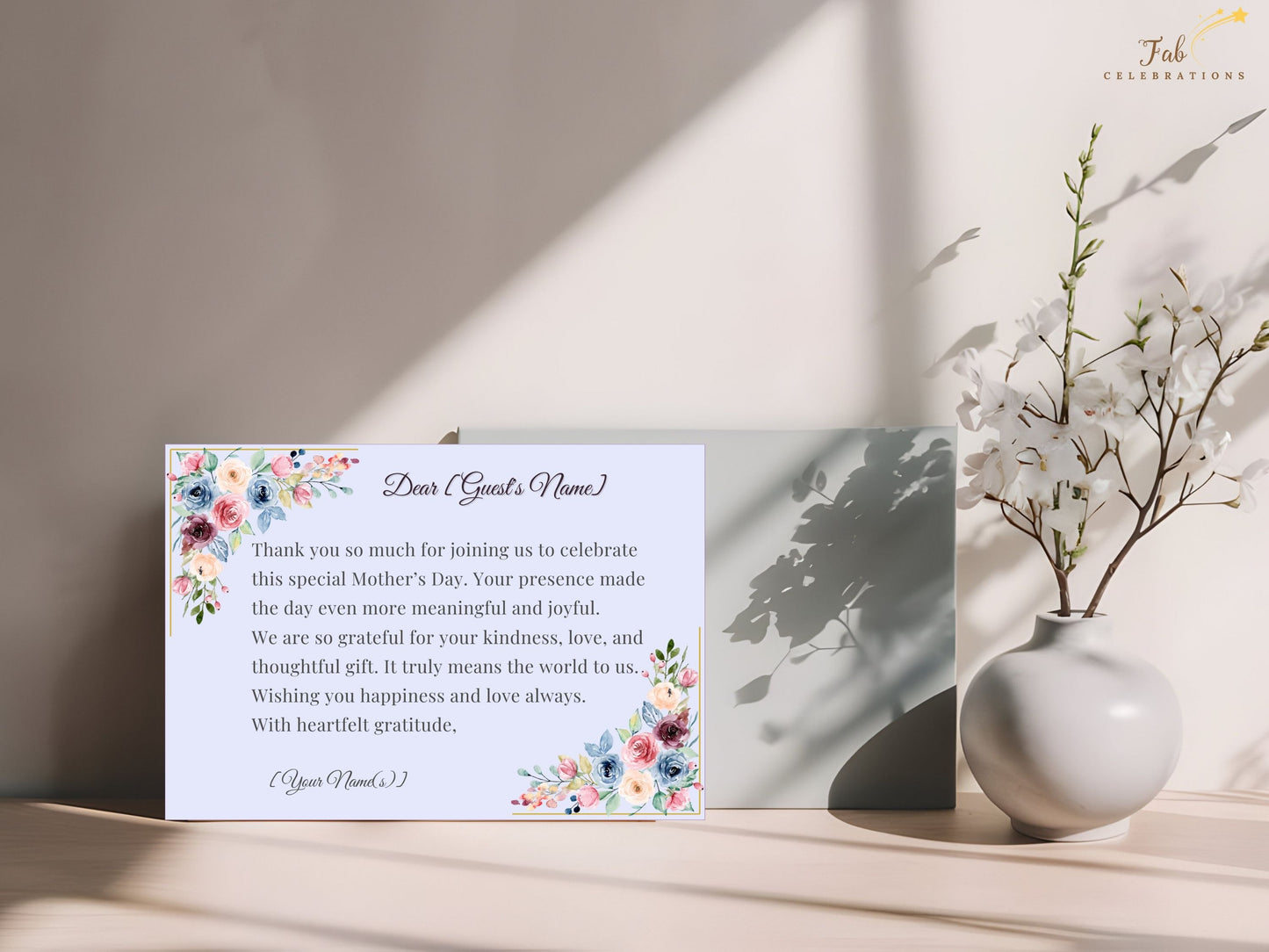 Mother’s Day Thank You Note customizable Canva design with delicate floral artwork and refined typography, perfect for sharing heartfelt appreciation during elegant spring celebrations.