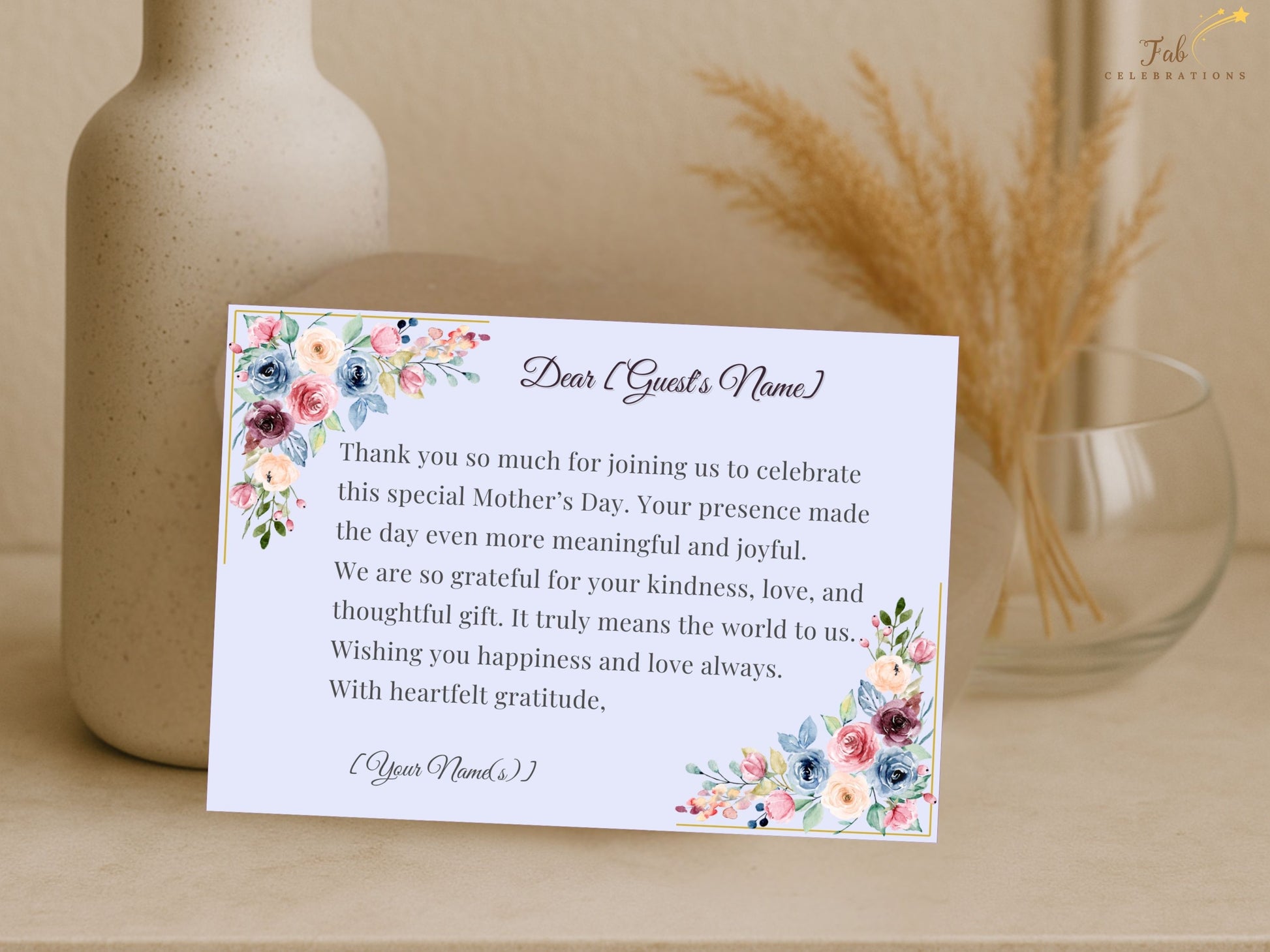Close-up of Mother’s Day Thank You Note highlighting watercolor-inspired blush roses, sage greenery, and soft botanical details creating a romantic and timeless floral keepsake.