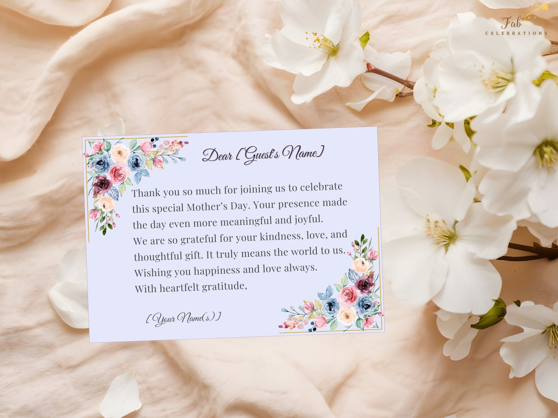Mother’s Day Thank You Note print-ready flat card layout optimized for high-resolution home or professional printing, creating a polished and graceful gratitude presentation.