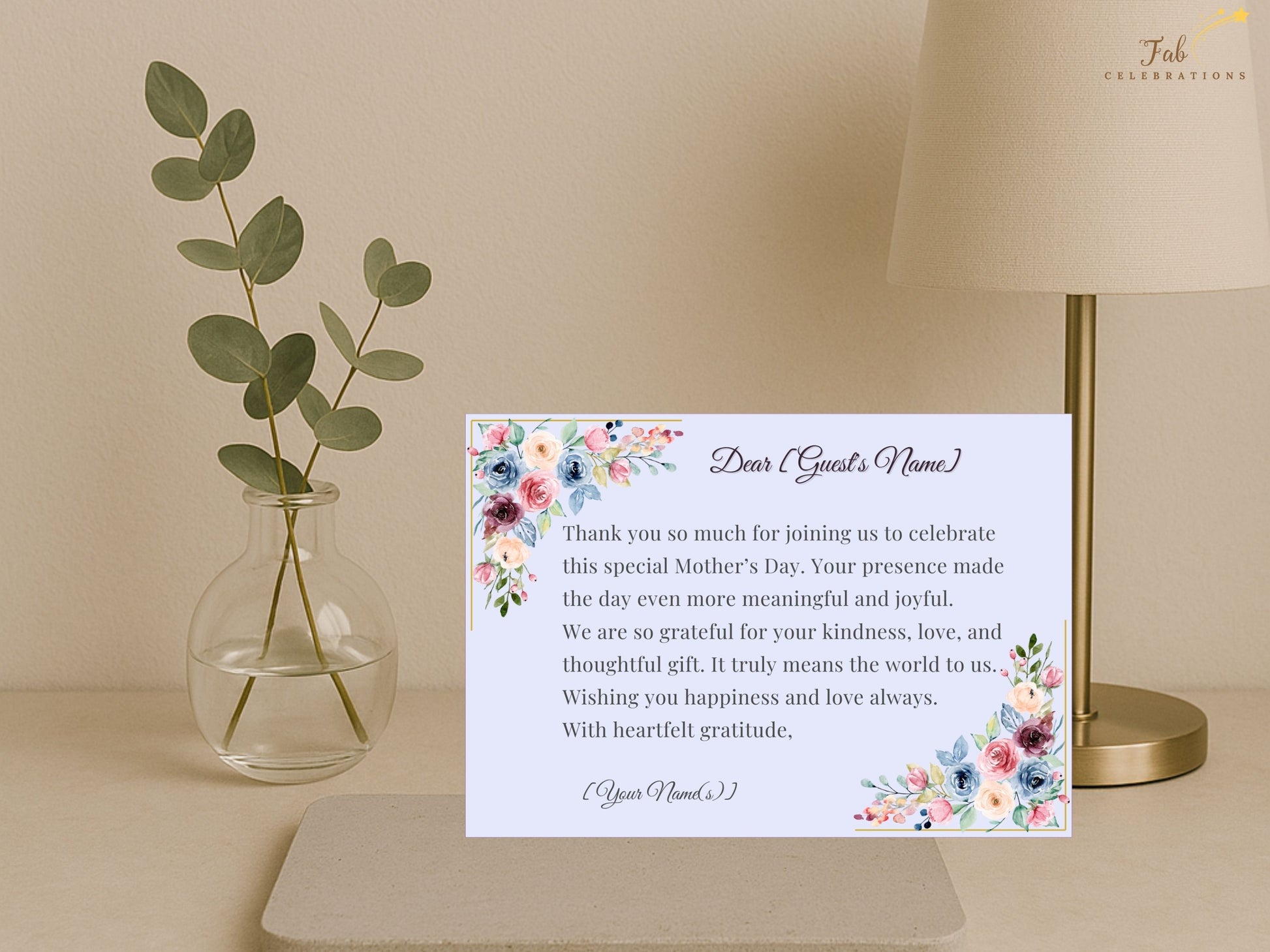 Mother’s Day Thank You Note in soft pastel tones designed for refined family celebrations, offering an elegant printable Canva template filled with warmth and floral beauty.