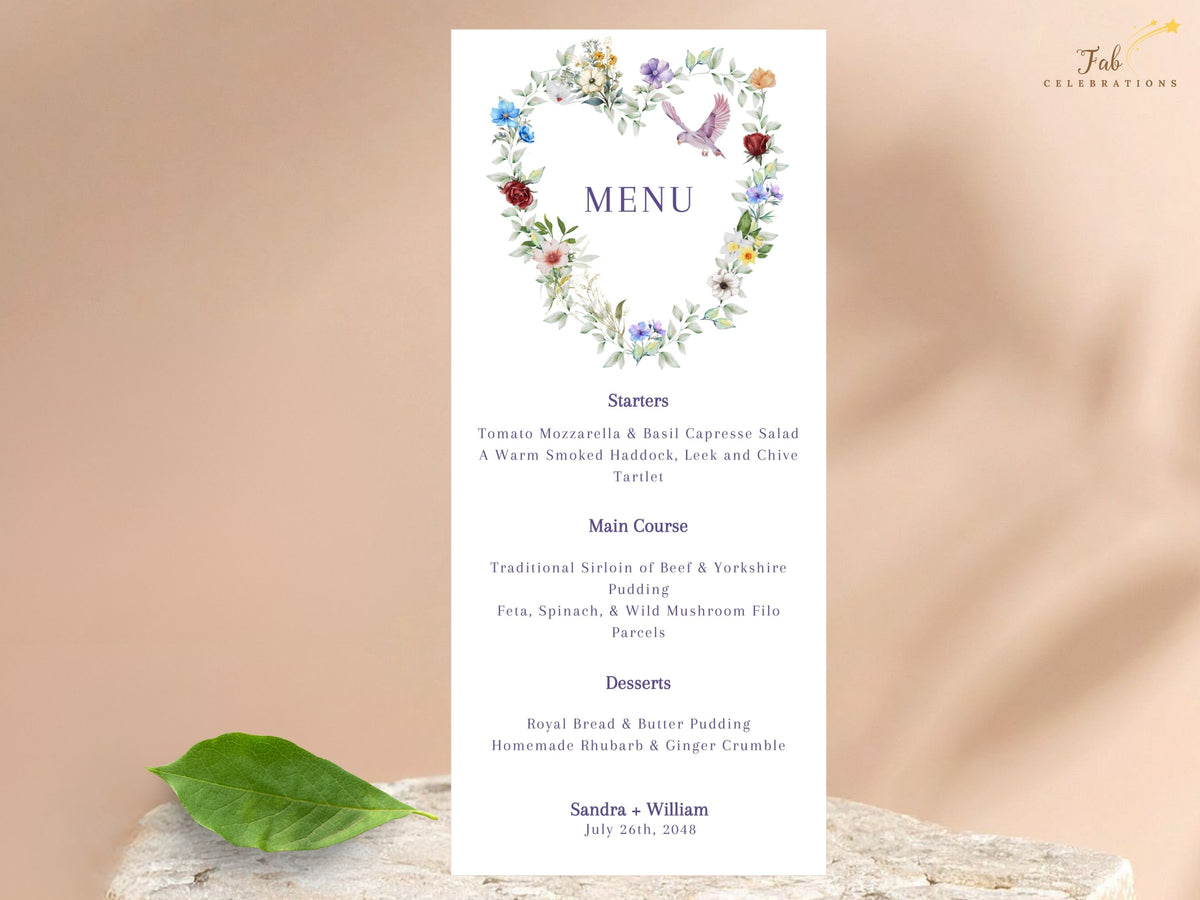 Wedding menu card showcasing a colorful watercolor-inspired floral heart, botanical greenery, elegant typography and an editable Canva layout for romantic wedding reception table settings.