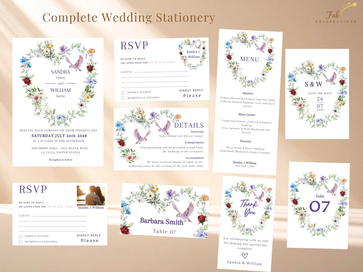 Complete wedding stationery collection of eleven coordinated templates featuring a watercolor-inspired floral heart and dove design across invitations, RSVP, details and reception cards.