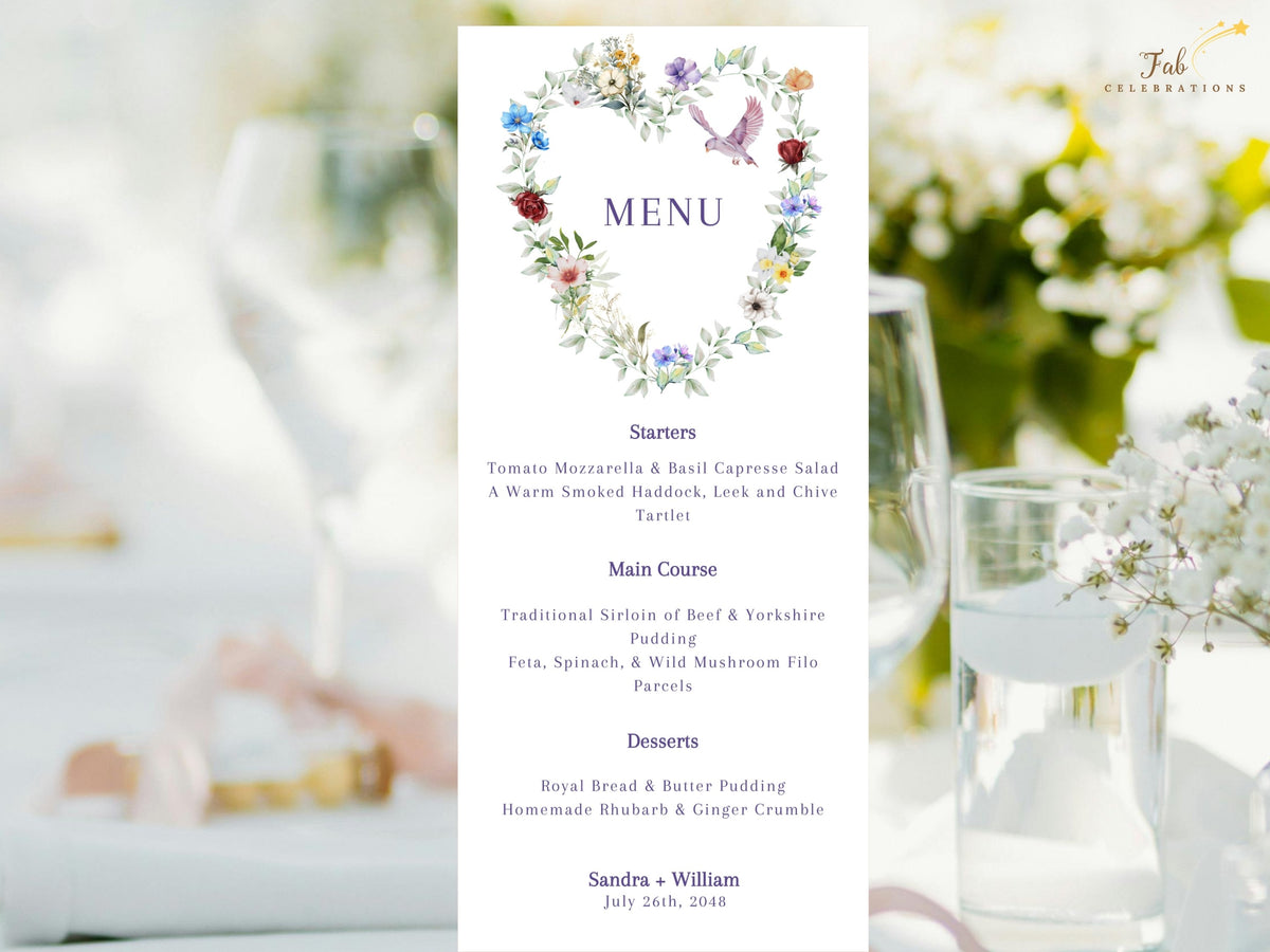 Parisian Floral Wedding Menu dinner card featuring a watercolor-inspired heart of colorful blossoms, soft greenery and a graceful dove above elegant starter, main course, dessert and drinks sections.