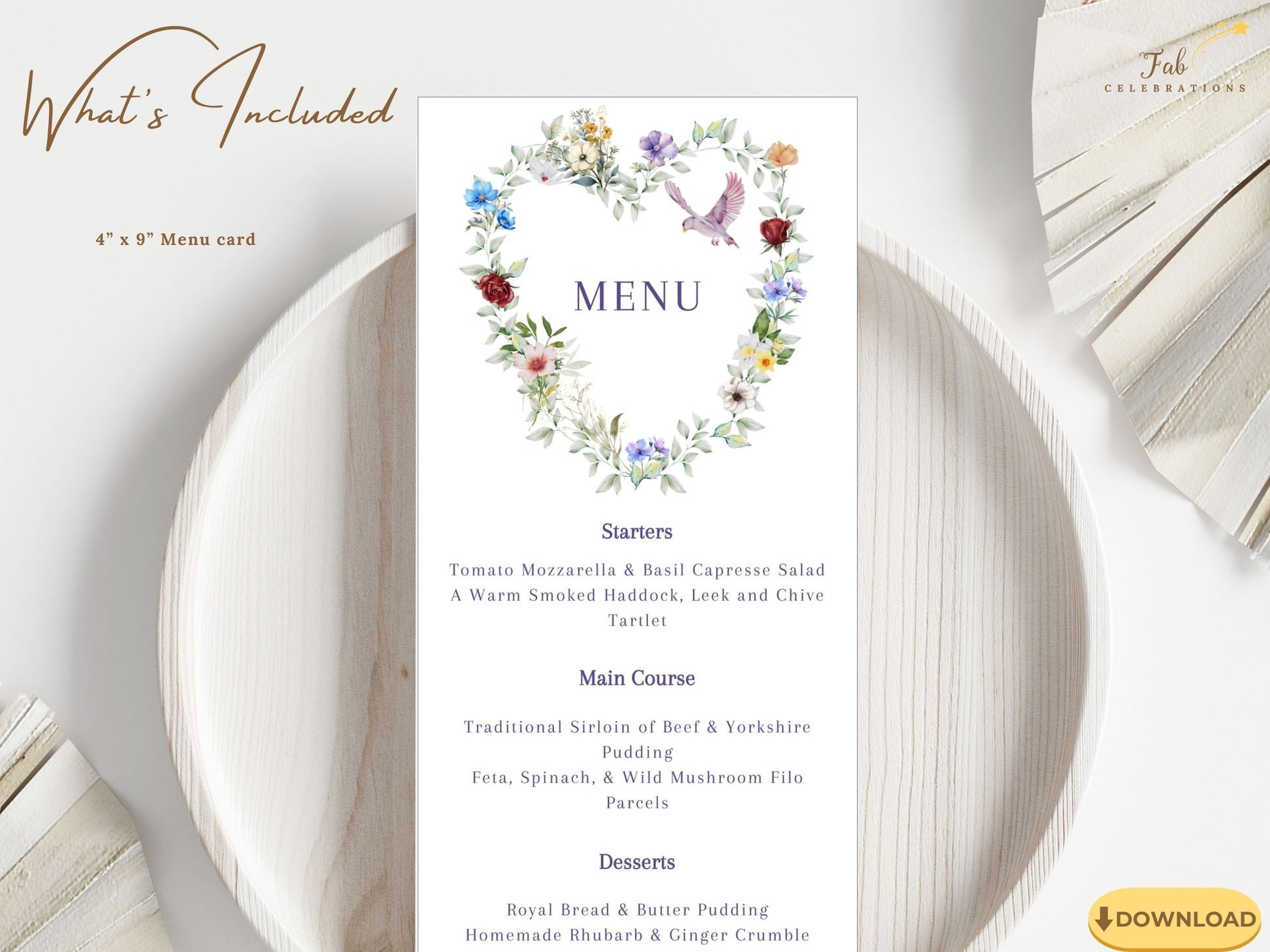 Parisian floral wedding menu floral wreath design with watercolor artistry, greenery accents and pastel tones, ideal for countryside banquets and boho chic weddings.