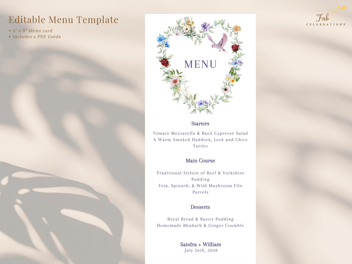 Parisian Floral Wedding Menu editable dinner template featuring a watercolor-inspired floral heart with colorful blossoms, leafy greenery and a dove above elegant reception menu sections.