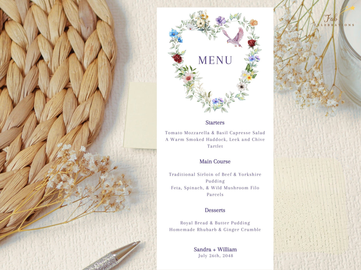 Elegant floral wedding menu card featuring a watercolor-inspired heart of colorful garden blossoms and delicate greenery with a graceful dove above the reception dinner sections.