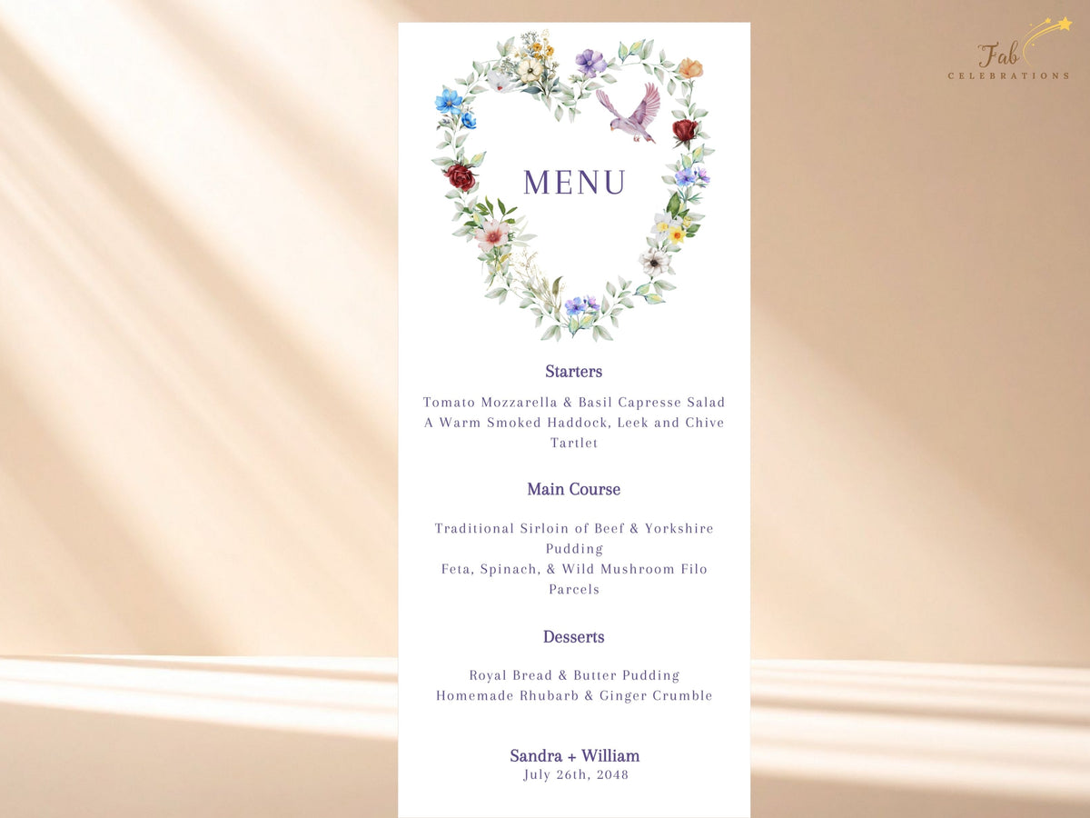 Elegant reception menu card featuring a watercolor-inspired floral heart with colorful blossoms, leafy greenery and a graceful dove above the coordinated wedding dinner course sections.