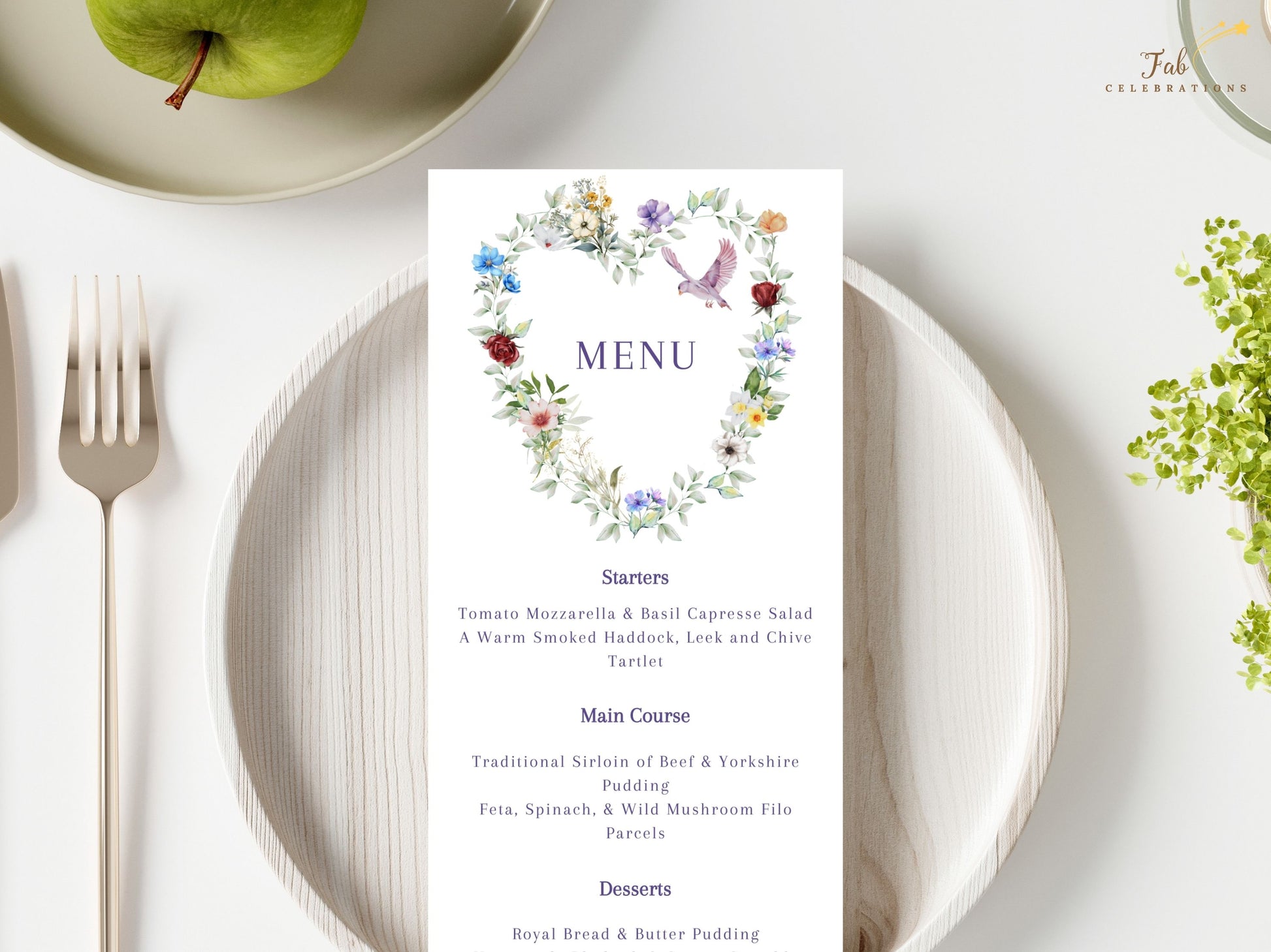 Parisian floral wedding menu dove motif detail symbolizing love and unity above florals, adding poetry and French charm to rustic bohemian reception stationery.