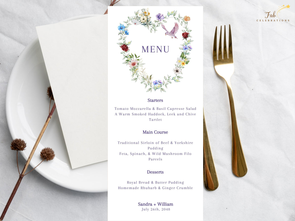 Parisian Floral Wedding Menu card featuring a watercolor-inspired heart of delicate multicolored flowers, soft greenery and a graceful dove above the coordinated wedding dinner courses.