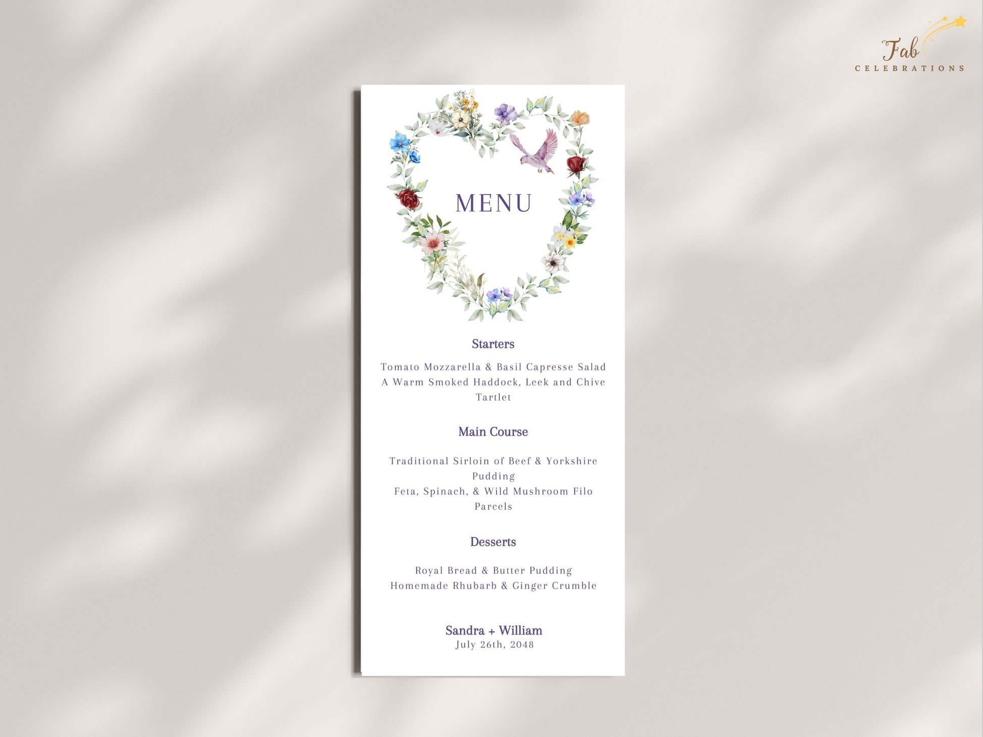 Parisian floral wedding menu Canva editable template showing customizable fonts, colors and layouts, perfect for DIY brides planning elegant countryside receptions.