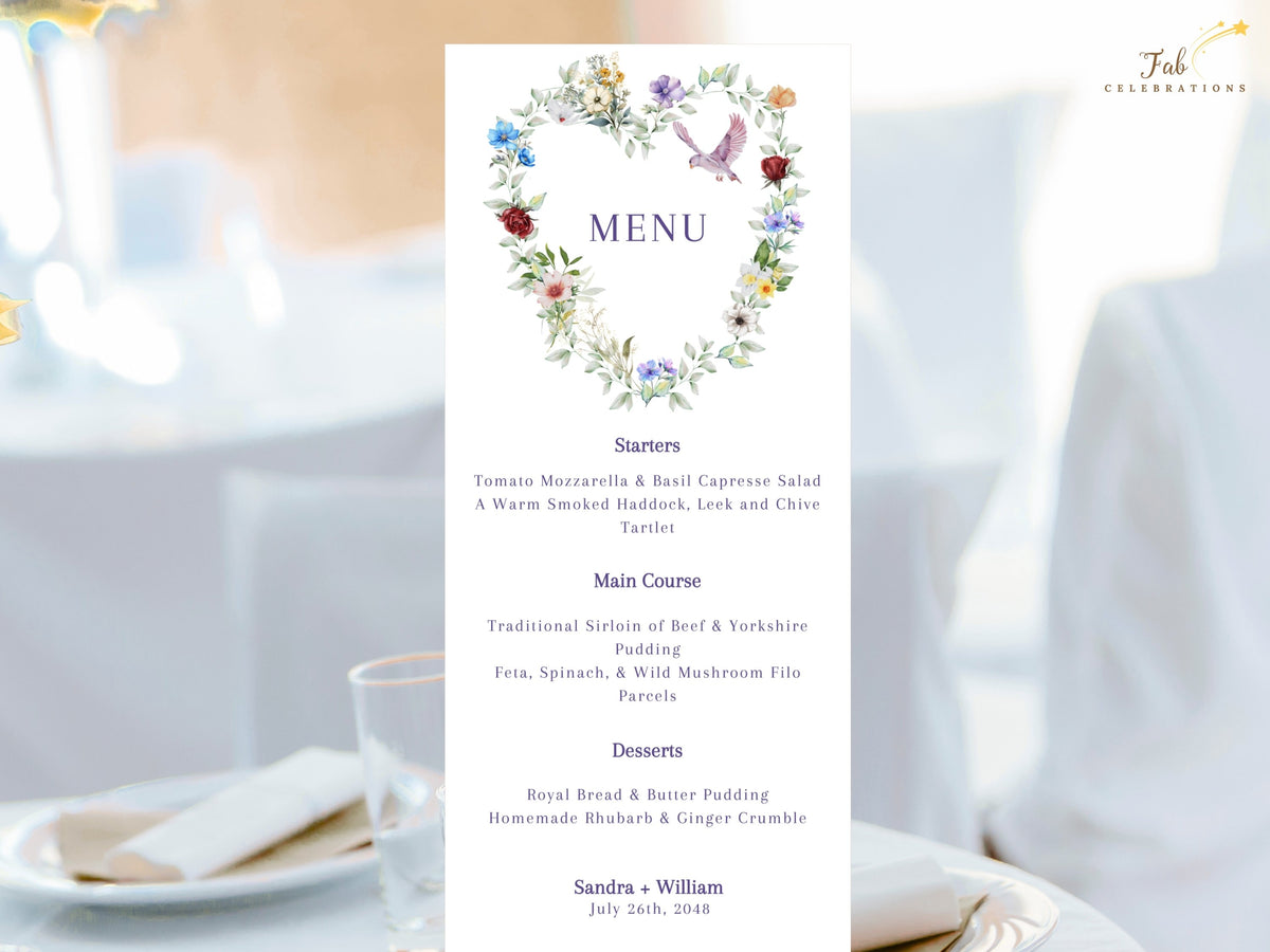 French-inspired wedding dinner menu featuring a watercolor-inspired heart of colorful blossoms and leafy greenery with a graceful dove above elegant starter, main course, dessert and drinks.