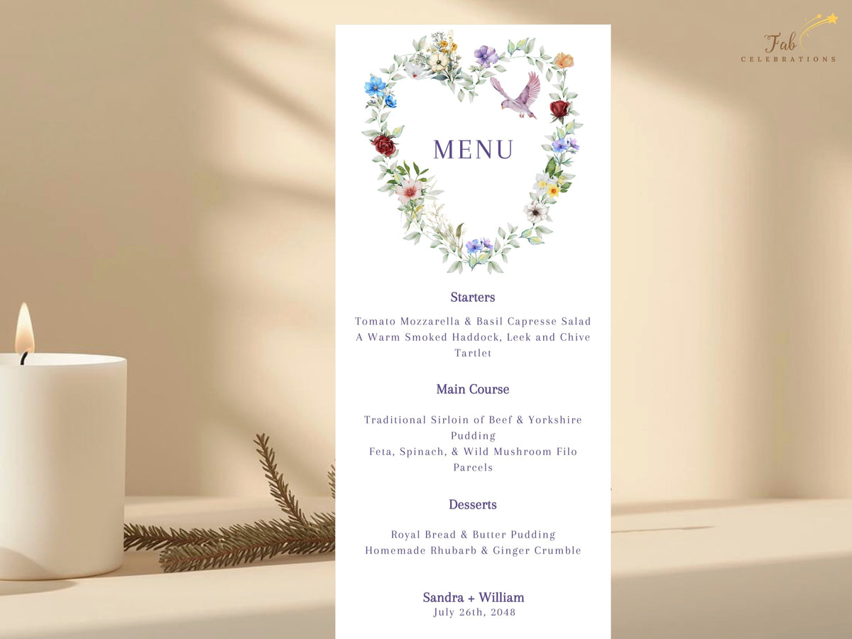 French floral wedding menu card featuring a watercolor-inspired heart of colorful blossoms, soft greenery and a graceful dove above coordinated starter, main course, dessert and drinks sections.