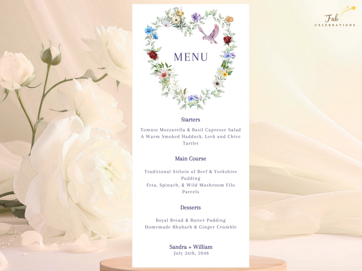 Garden wedding menu card featuring a watercolor-inspired heart of colorful flowers and leafy greenery with a graceful dove above the elegant starter, main course, dessert and drinks sections.