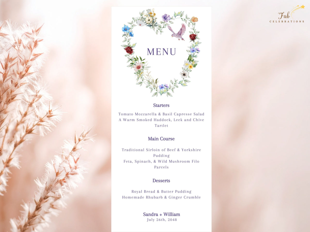 Garden reception menu featuring a watercolor-inspired floral heart of delicate multicolored blossoms and leafy greenery with a graceful dove above the elegant wedding dinner courses.