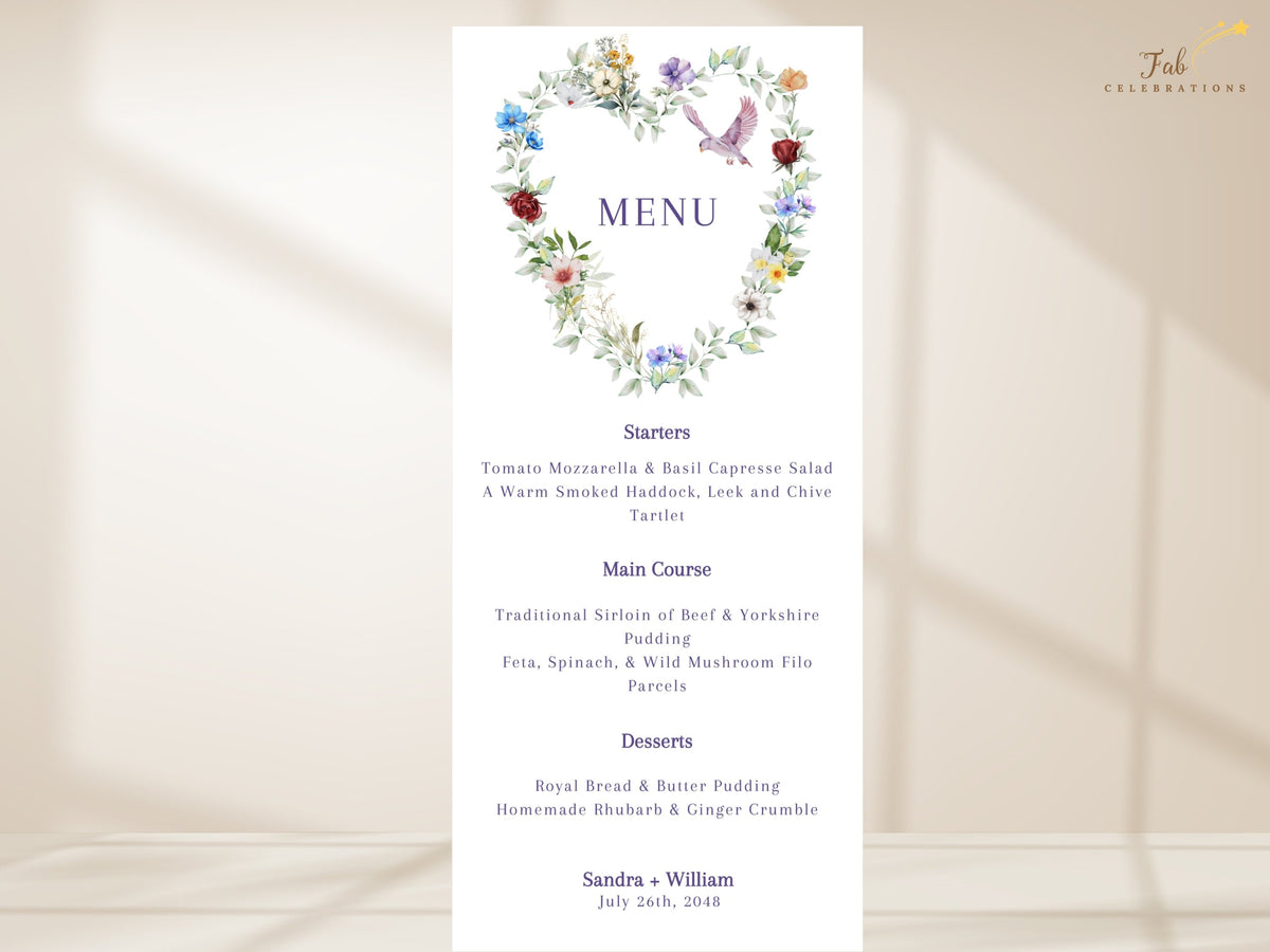 Wedding reception menu card featuring a watercolor-inspired floral heart, colorful garden blossoms, delicate greenery and a graceful dove above elegant dinner course sections.