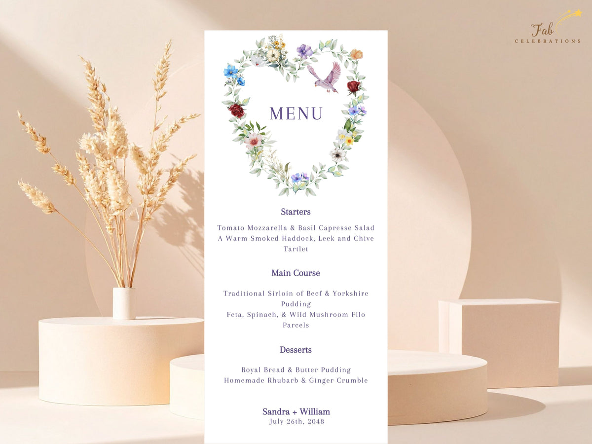Romantic wedding menu card featuring a watercolor-inspired floral heart of colorful blossoms and leafy greenery with a graceful dove above the elegant starter, main course, dessert and drinks.