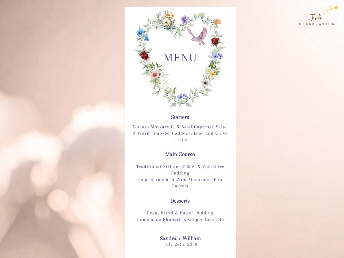 Romantic reception menu card featuring a watercolor-inspired floral heart with multicolored blossoms, soft leafy greenery and a graceful dove above the coordinated wedding dinner courses.