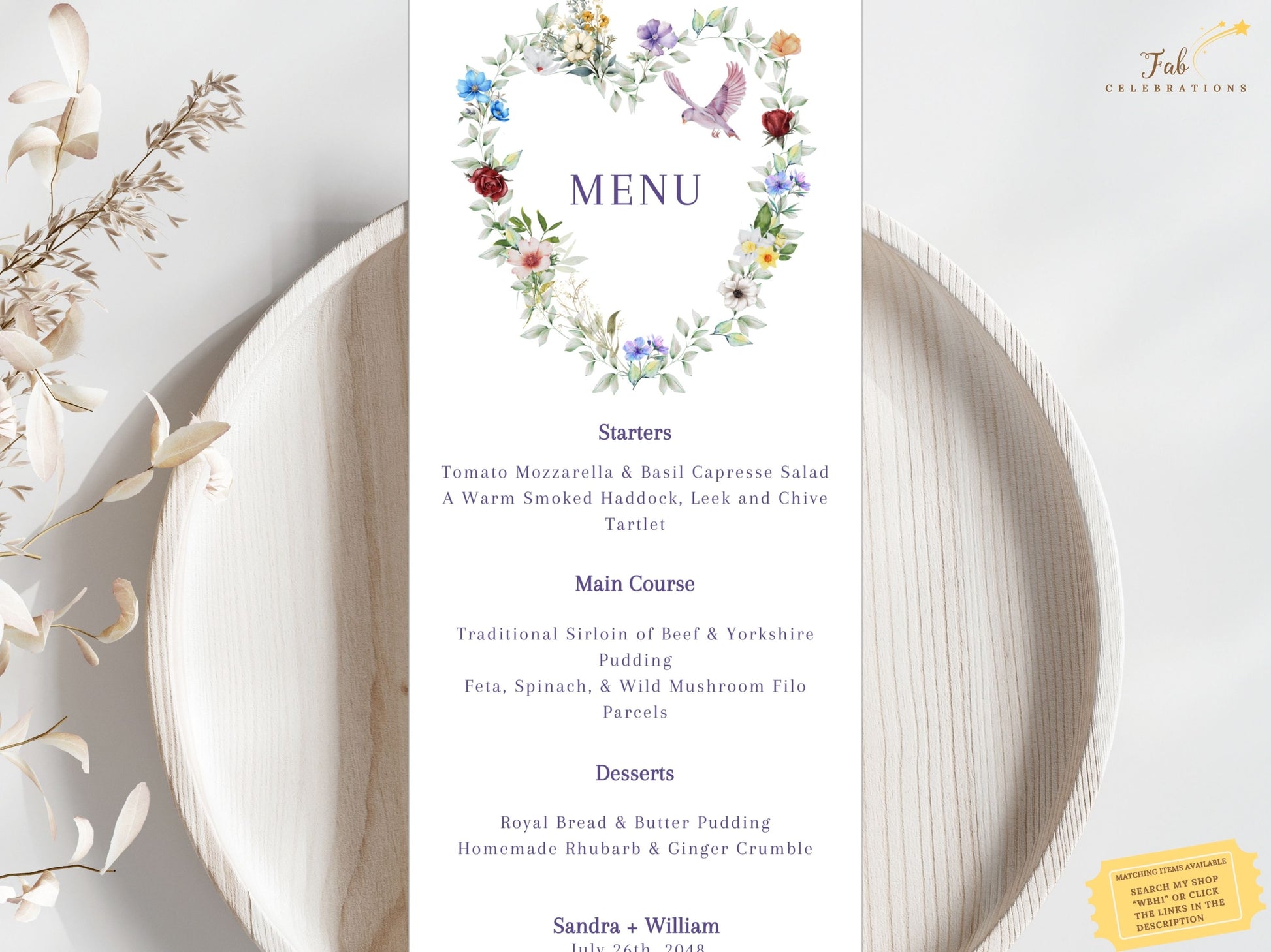 Parisian floral wedding menu romantic style preview highlighting floral wreath artwork, pastel palette and dove motif for rustic Parisian-inspired table settings.