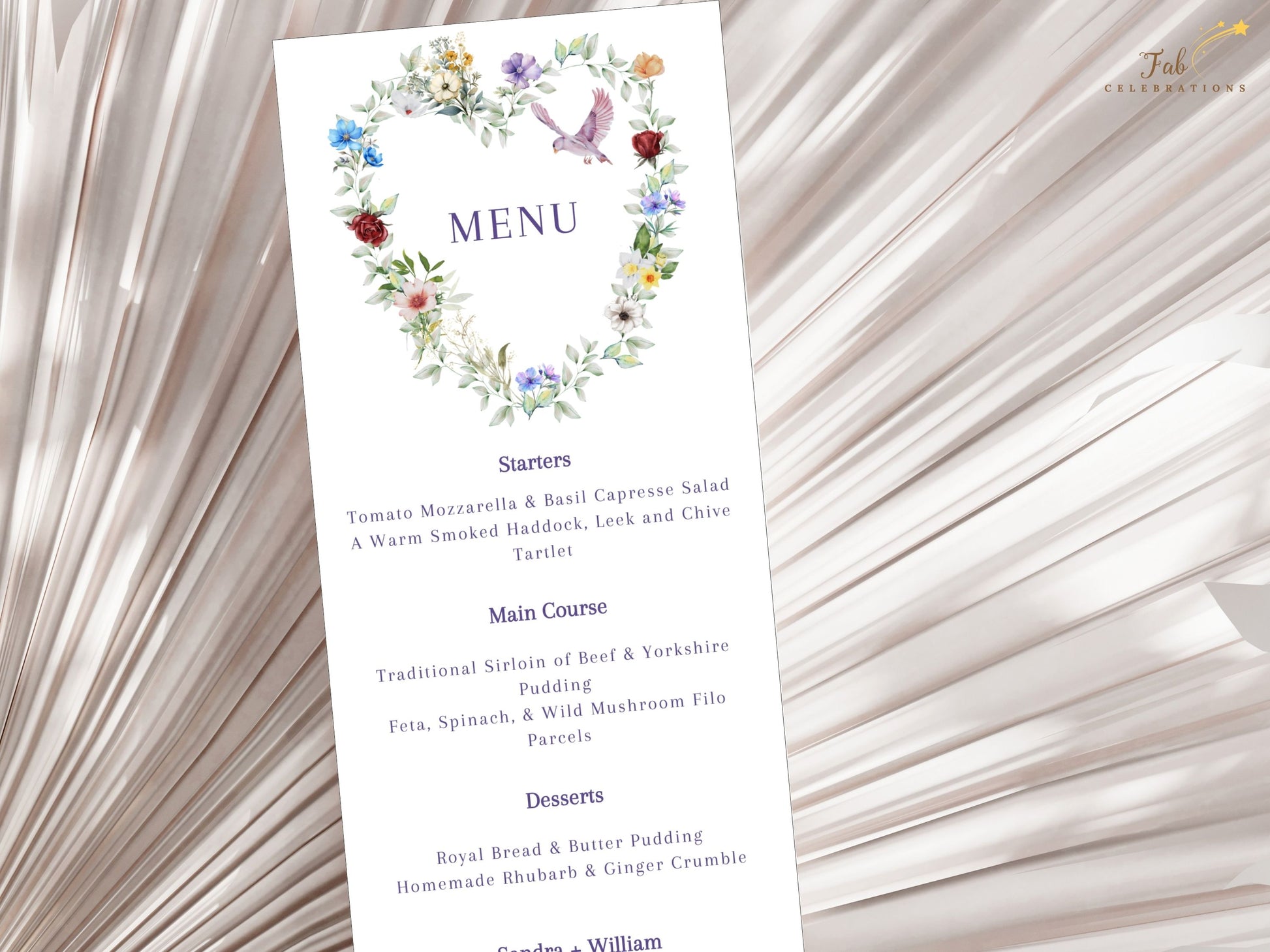 Parisian floral wedding menu card template featuring watercolor wreath in purple, crimson and ivory with dove motif, editable in Canva for rustic romantic receptions.