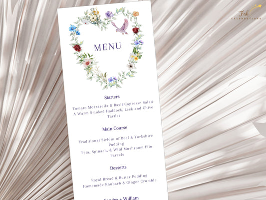 Parisian floral wedding menu card template featuring watercolor wreath in purple, crimson and ivory with dove motif, editable in Canva for rustic romantic receptions.