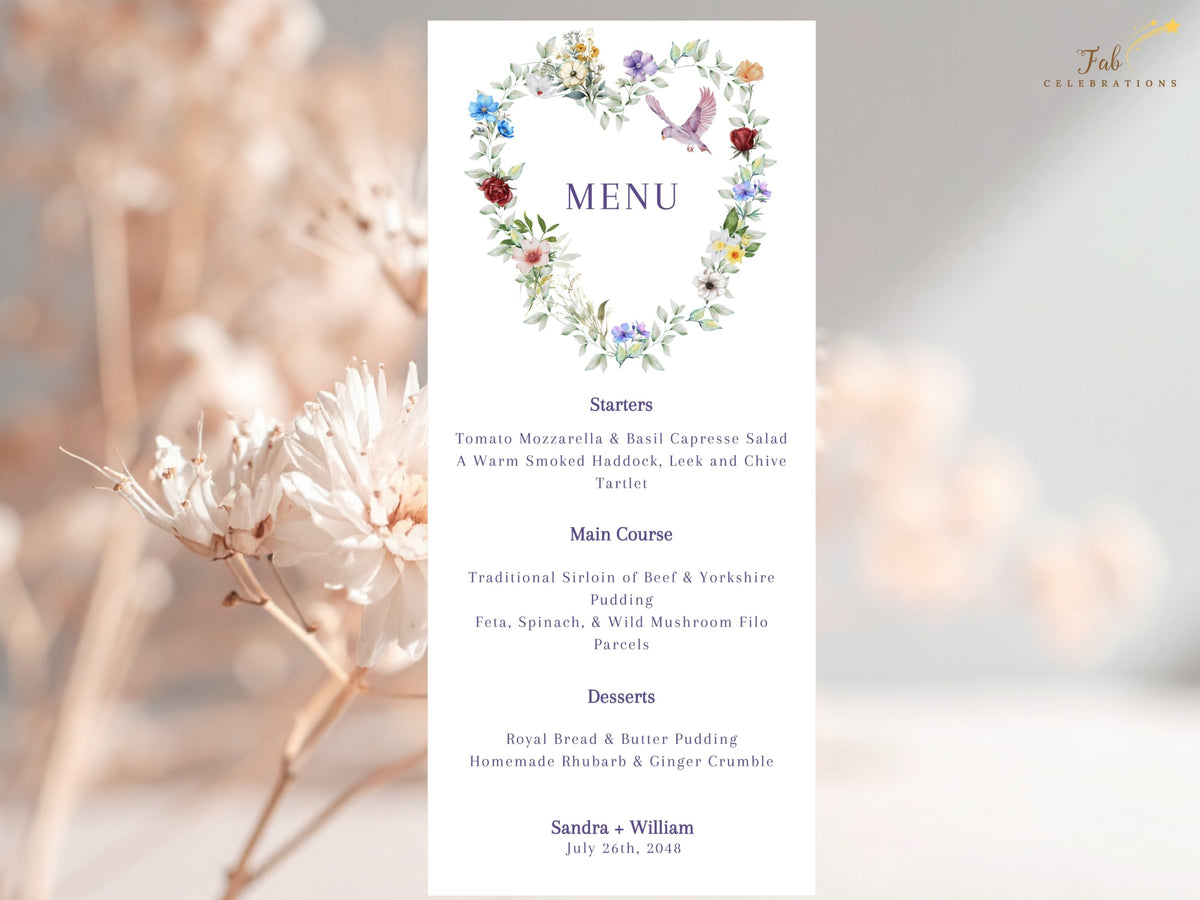 Watercolor-inspired dinner menu card featuring a romantic floral heart of multicolored blossoms and soft greenery with a graceful dove above the coordinated wedding reception courses.
