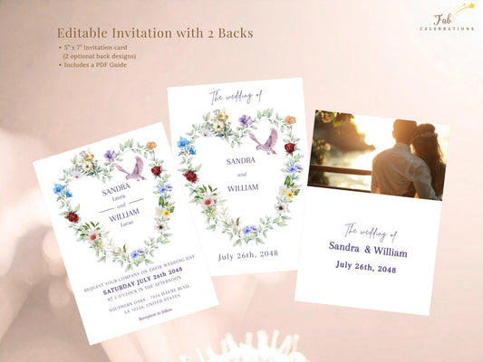 Parisian wedding invitation featuring two coordinating back designs, including one elegant floral reverse and one customizable photo layout, creating beautifully coordinated wedding stationery.