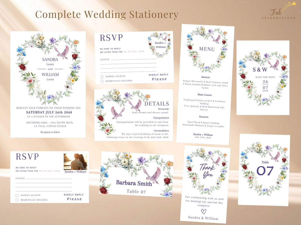 Complete wedding stationery collection of eleven coordinated templates featuring a watercolor-inspired floral heart and dove design across invitations, RSVP, details and reception cards.