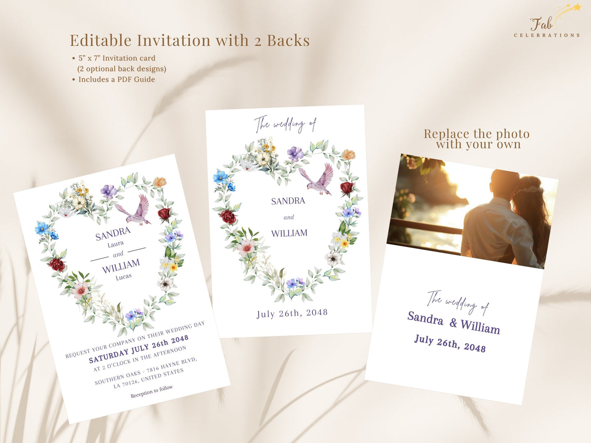 Parisian Wedding Invitations editable invitation shown with two coordinating back designs, including a text layout and a couple photo option, all styled with romantic floral and dove artwork.