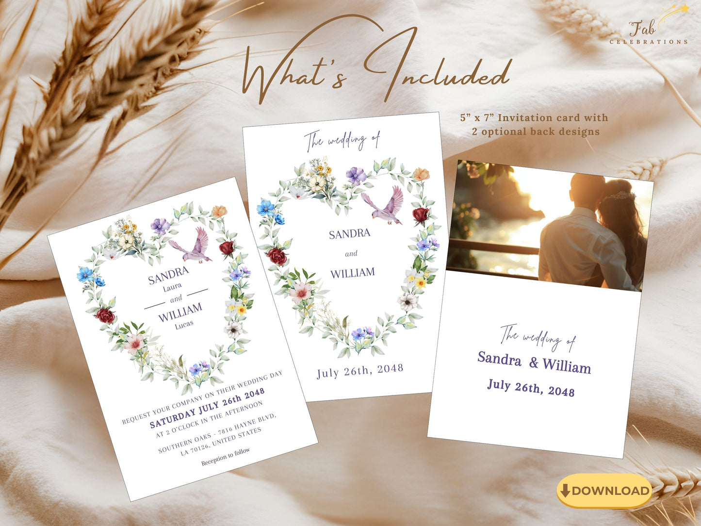 Parisian wedding invitations watercolor artistry design featuring hand-painted heart florals, delicate dove illustrations and timeless French-inspired romance for weddings.