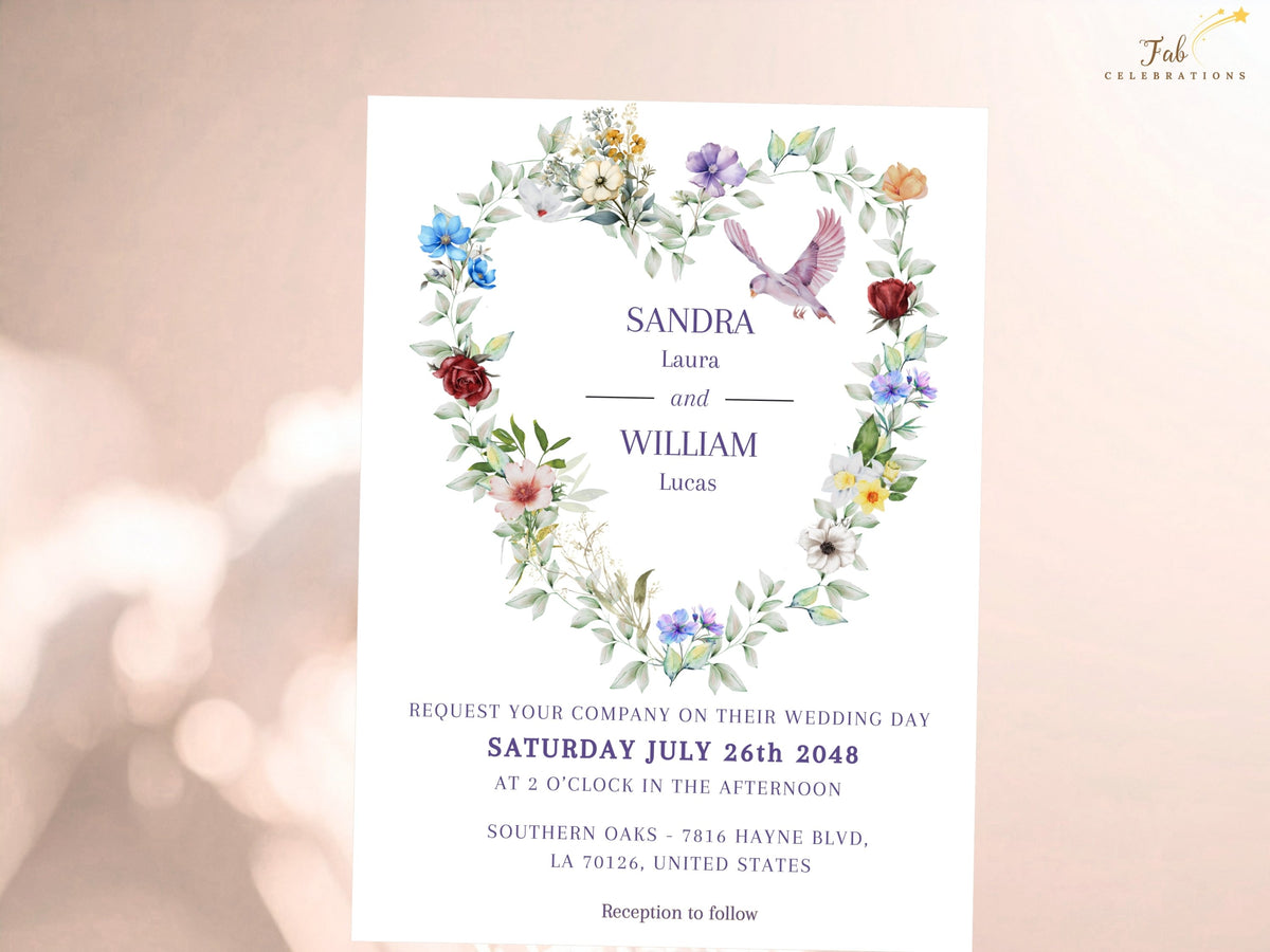 Wedding invitation front featuring a romantic watercolor-inspired floral heart with colorful blossoms, delicate greenery and a flying dove surrounding elegant names, date and ceremony details.