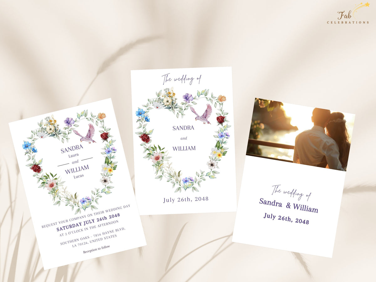Wedding invitation shown with both coordinating back designs, including an elegant text version and a couple photo version, all matching the watercolor-inspired floral heart and dove artwork.
