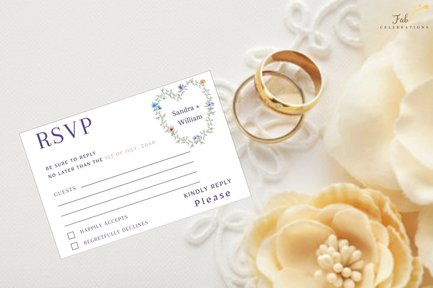 Pastel Floral RSVP Card editable wedding stationery featuring pastel flowers, romantic greenery and a timeless floral heart design for wedding guests.