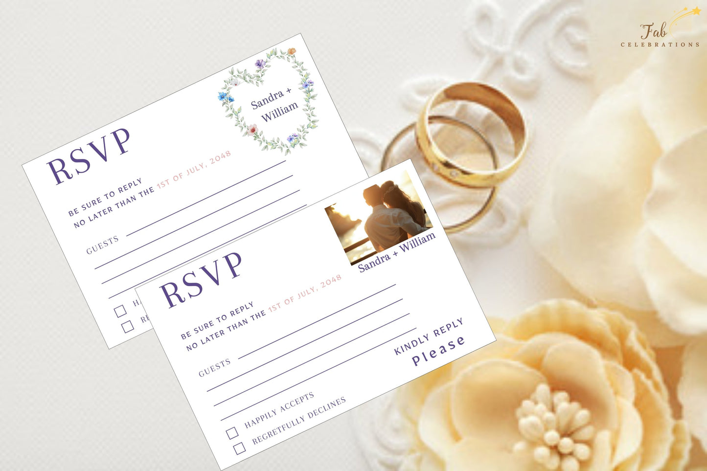 Pastel Floral RSVP Card editable Canva template featuring a romantic heart-shaped floral wreath with soft lavender, blush and blue flowers for elegant wedding celebrations.